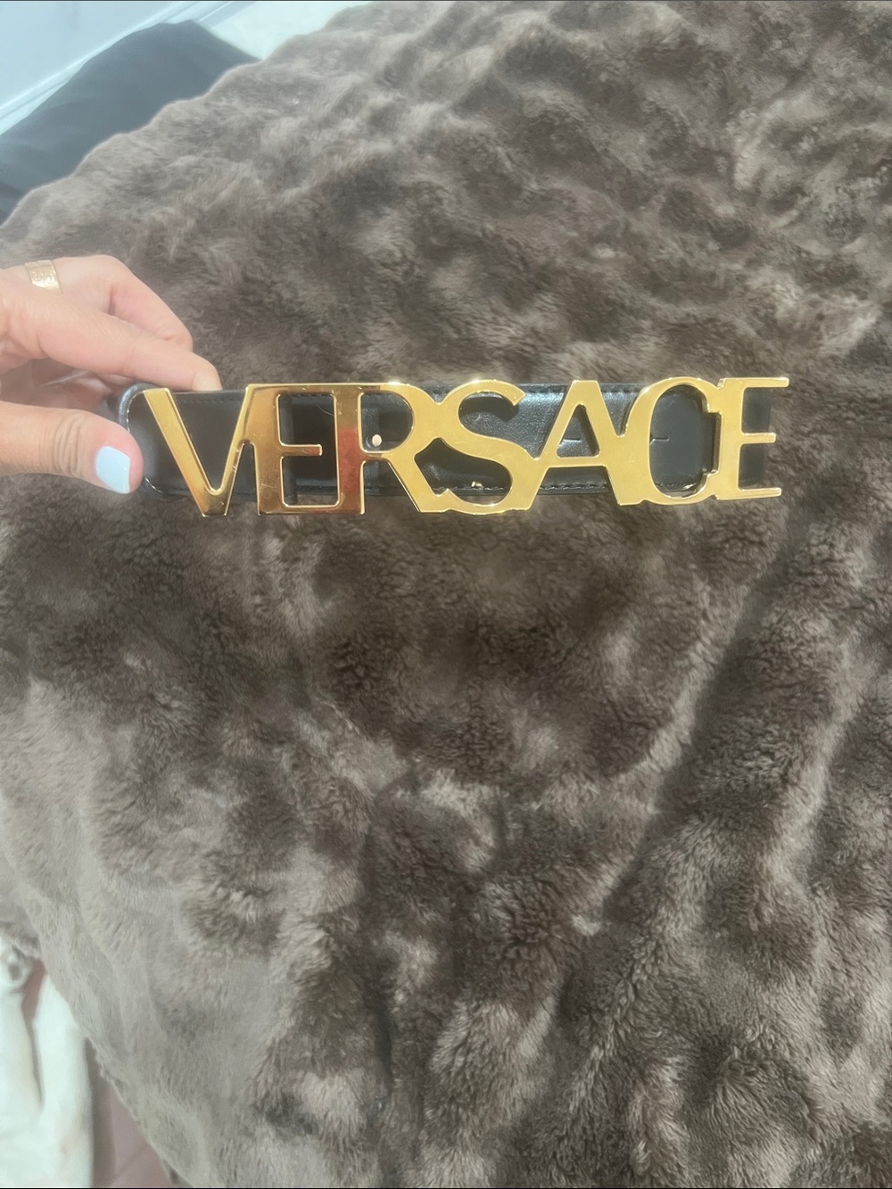 Versace Black Leather Belt with Oversized Gold Logo